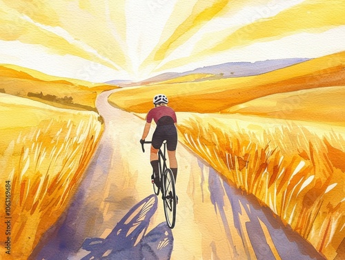 Cyclist riding on a road surrounded by golden fields under a bright sunset. photo