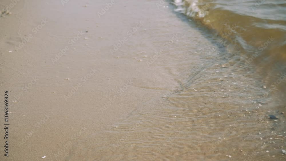 A sandy beach that is beautifully and calmly washed by the water. The processes of nature continue near the sea or ocean. The sound of the sea and calm waves create a balance of processes and calm the A sandy beach that is beautifully and calmly washed by the water. The processes of nature continue near the sea or ocean. The sound of the sea and calm waves create a balance of processes and calm the