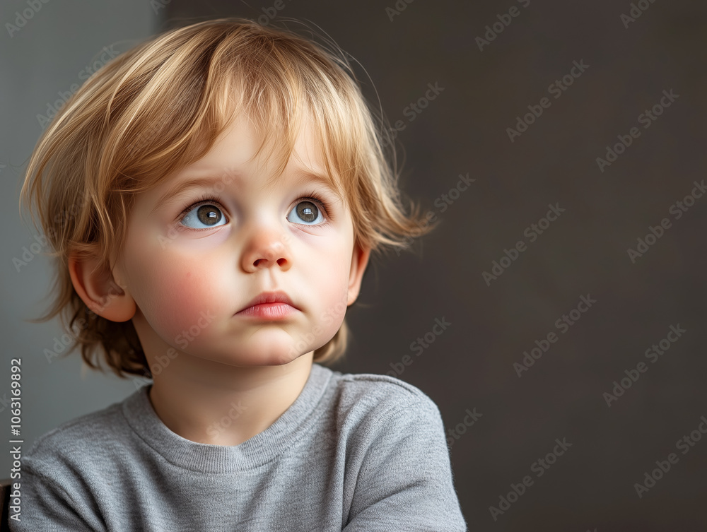 Young child with blonde hair and serious expression indoors, gazing thoughtfully at the ceiling Young child with blonde hair and serious expression indoors, gazing thoughtfully at the ceiling