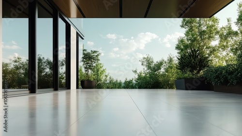 An open outdoor terrace featuring large floor tiles, surrounded by vibrant greenery and trees under a clear sky, creating a serene and tranquil atmosphere.