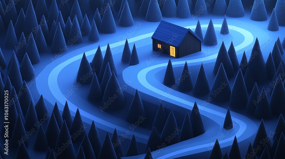 Fototapeta premium Serene Snowy Landscape with Winding Path and Cabin