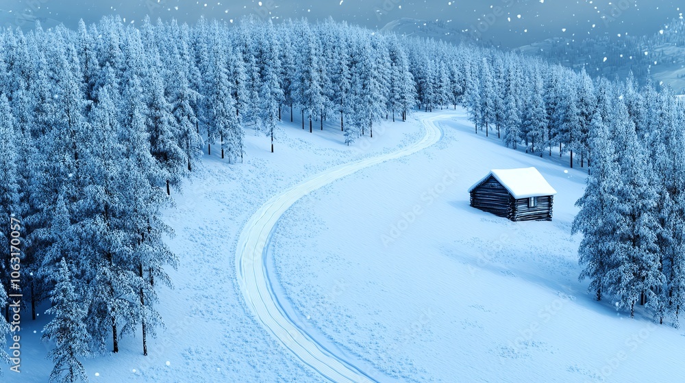 Serene Snowy Landscape with Winding Path and Cabin