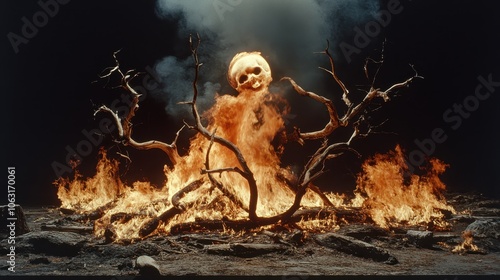 An evocative image showcasing a burning landscape dominated by a spectral skull, symbolizing the interplay of life, death, and renewal in a dramatic natural setting. photo