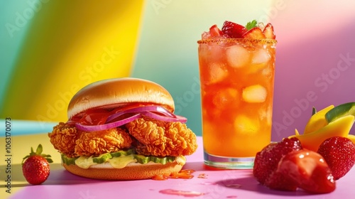 A vibrant fruit punch served alongside a Popeyes chicken photo