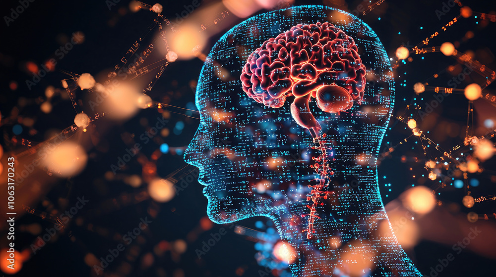 A digital representation of a human head with a glowing brain ...