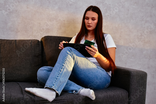  A happy young Hispanic woman holds a credit card and laptop, shopping online at home. A moment of digital shopping that highlights the convenience of modern purchases and using bonus money.