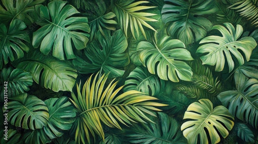 A dense tropical leaf wall covered with palm and banana leaves creates a refreshing tropical forest atmosphere. A dense tropical leaf wall covered with palm and banana leaves creates a refreshing tropical forest atmosphere.