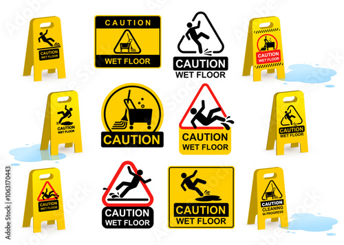 Set of Wet Floor caution sign and water puddle. Template public warning yellow and black symbol, icon. Falling human pictogram. Slippery surface beware plastic board design element. Vector Wet Floor.