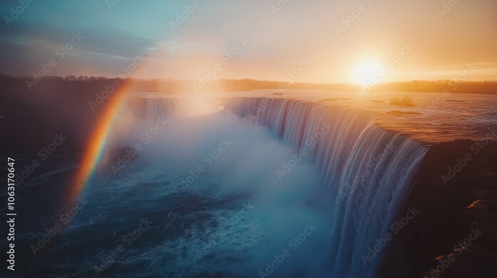 A faint rainbow blending into the mist of a thundering waterfall, with soft sunlight illuminating the scene A faint rainbow blending into the mist of a thundering waterfall, with soft sunlight illuminating the scene