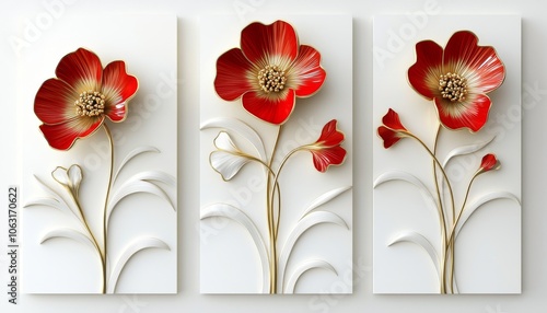 A set of three luxurious 3D floral wall art panels in red and gold, featuring highly detailed flowers with a metallic sheen