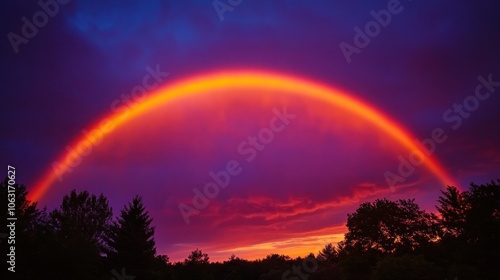 A faint rainbow blending into a richly colored sunset sky with deep purples, oranges, and reds photo