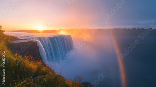 A faint rainbow blending into the mist of a thundering waterfall, with soft sunlight illuminating the scene
