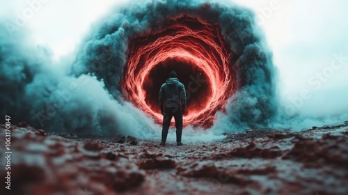 An individual stands before a swirling vortex of clouds, exuding the feeling of facing the unknown, courage, and the pursuit of existential questions.