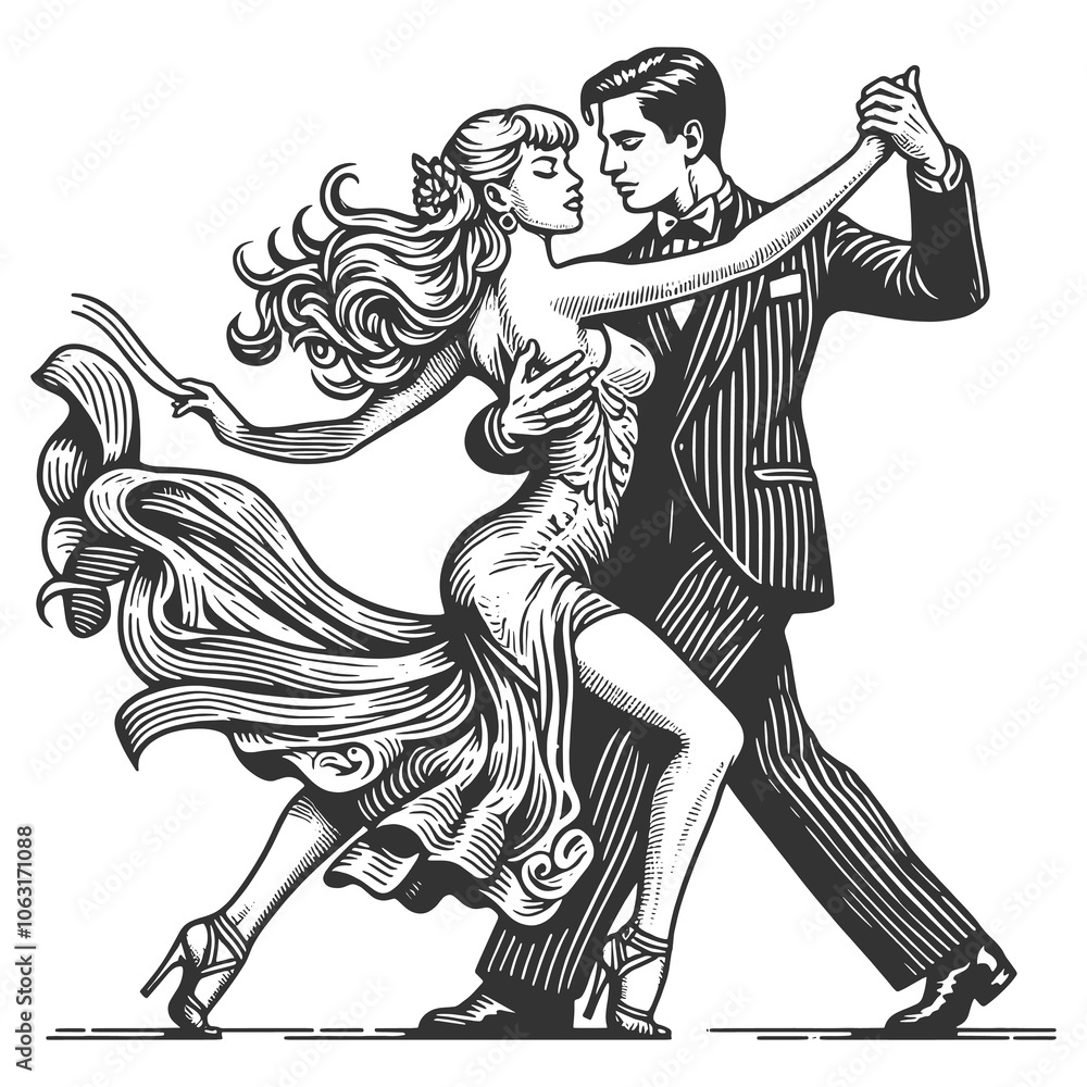 Fototapeta premium tango couple in motion, classic attire, elegance, passion, and vintage charm sketch engraving generative ai fictional character raster illustration. Scratch board imitation. Black and white image.