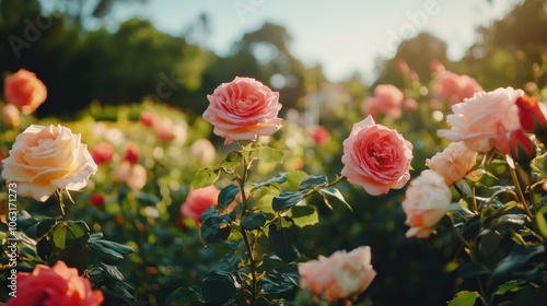 A garden filled with blooming roses of various colors, surrounded by fresh green leaves and a clear sky photo