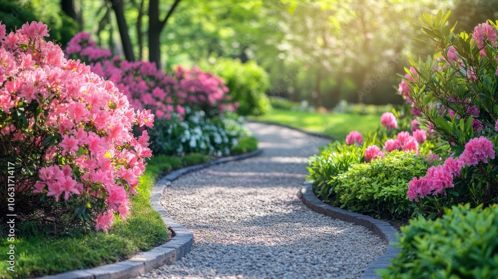 Obraz premium A garden path lined with blooming flowers and vibrant green shrubs, creating a tranquil spring setting