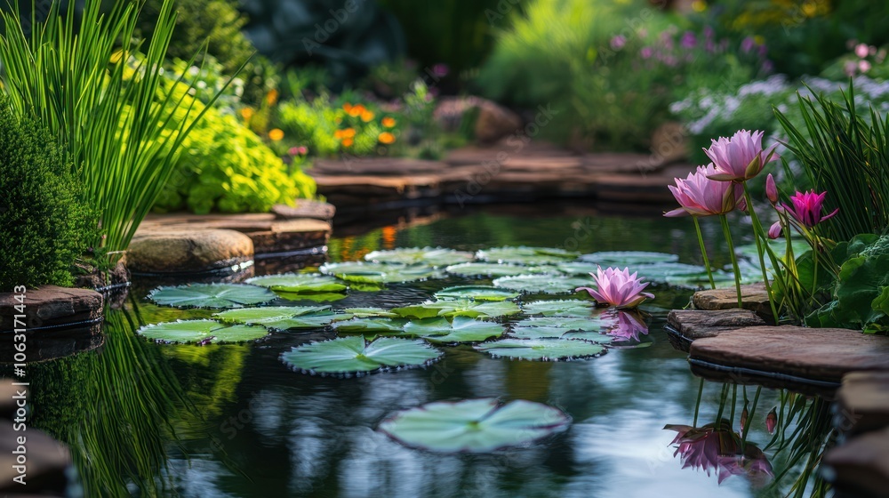 A garden pond surrounded by blooming flowers and fresh greenery, with reflections shimmering on the water A garden pond surrounded by blooming flowers and fresh greenery, with reflections shimmering on the water