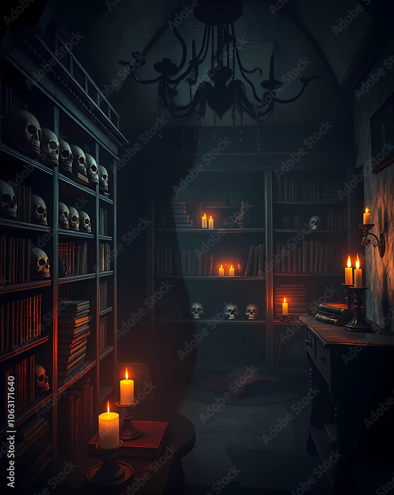 a room with a lot of candles and skulls on the table and books on the shelves and a window, Dirk Crabeth, gothic art, arcane, a still life a room with a lot of candles and skulls on the table and books on the shelves and a window, Dirk Crabeth, gothic art, arcane, a still life