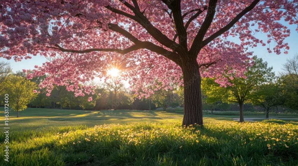 A large tree in full bloom with vibrant green leaves and pink blossoms, standing in a sunlit field A large tree in full bloom with vibrant green leaves and pink blossoms, standing in a sunlit field