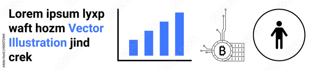 Blue bar chart, computer chip with Bitcoin symbol, person icon in circle. Ideal for finance, data analytics, cryptocurrency, business presentations, tech innovation, digital marketing, educational Blue bar chart, computer chip with Bitcoin symbol, person icon in circle. Ideal for finance, data analytics, cryptocurrency, business presentations, tech innovation, digital marketing, educational