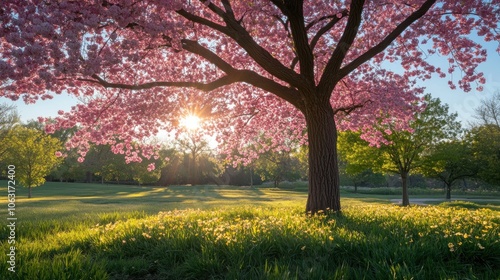 A large tree in full bloom with vibrant green leaves and pink blossoms, standing in a sunlit field