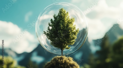 A singular lone tree within a glass orb is set atop a small grassy mound, surrounded by towering mountains, symbolizing solitude and protection of nature. photo