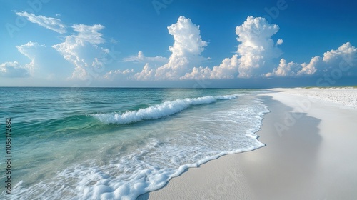 A long stretch of white sandy beach, gentle waves crashing against the shore under a blue sky