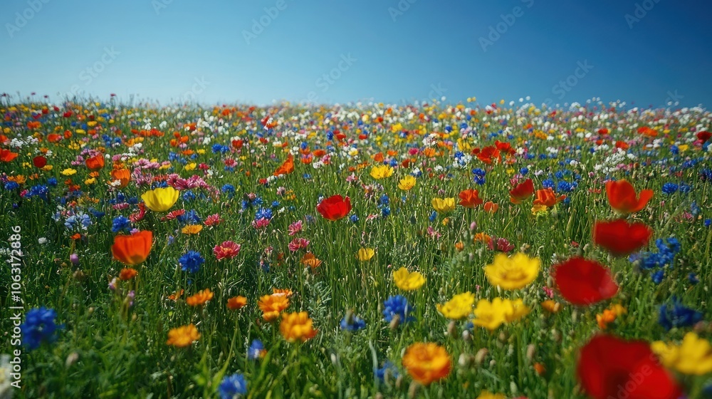 A lush spring meadow filled with vibrant wildflowers and fresh green grass swaying in the breeze under a clear blue sky A lush spring meadow filled with vibrant wildflowers and fresh green grass swaying in the breeze under a clear blue sky