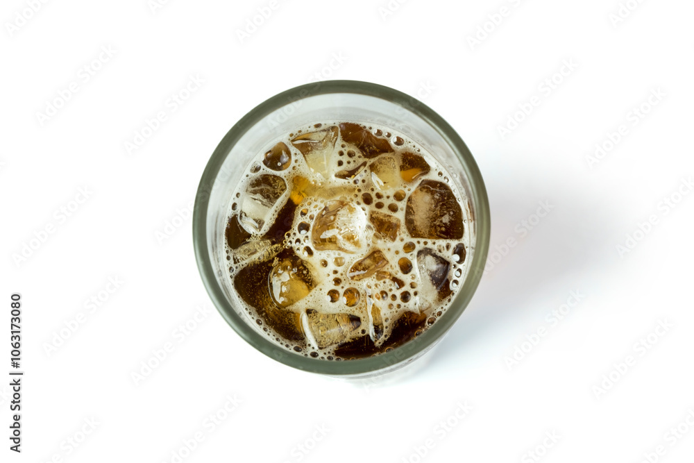 Americano ice coffee in a glass, isolated on white background, with clipping path, top view, flat lay Americano ice coffee in a glass, isolated on white background, with clipping path, top view, flat lay
