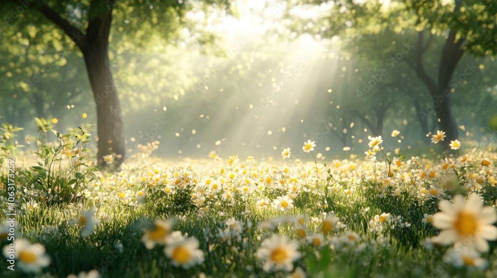 Obraz premium A meadow bathed in soft spring light, with wildflowers in full bloom and a gentle breeze swaying the grass