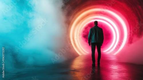 A silhouette of a person walking into a glowing circular portal in a dramatic setting, evoking thoughts of mystery, adventure, and futuristic exploration.