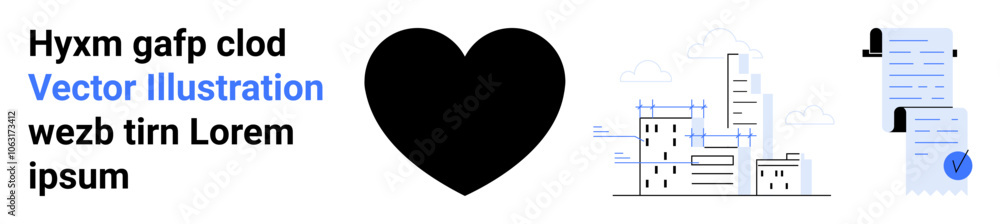 Black heart icon, detailed cityscape with skyscrapers, and official documents with blue checkmark. Ideal for websites, apps, infographics, advertisements, brochures, presentations, blogs, and landing Black heart icon, detailed cityscape with skyscrapers, and official documents with blue checkmark. Ideal for websites, apps, infographics, advertisements, brochures, presentations, blogs, and landing