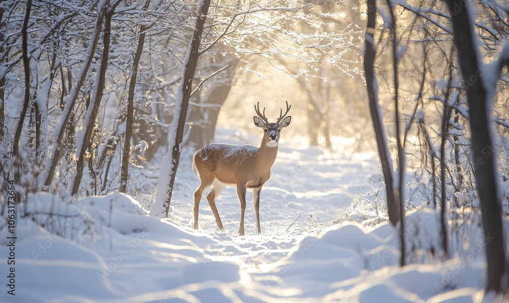 A deer standing in a snowy forest. A deer standing in a snowy forest.