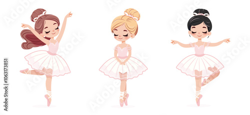 Set of different pretty ballerina in white and pink dress dancing on white background. Poster, Banner, Flyer, Greeting Card. Vector illustration in flat cartoon style