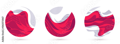 Oriental Japanese style vector abstract illustrations set in red color in a shape of circle, backgrounds in Asian traditional style, wavy shapes and mountains terrain, runny like sea lines.