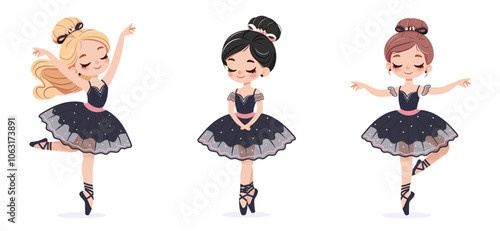 Set of different pretty ballerina in black and pink dress dancing on white background. Poster, Banner, Flyer, Greeting Card. Vector illustration in flat cartoon style