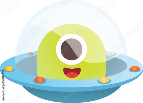 Illustration d'un mignon extraterrestre vert dans sa soucoupe volante, dessin enfantin d'un alien rigolo avec un grand sourire dans son vaisseau spatial sur fond transparent