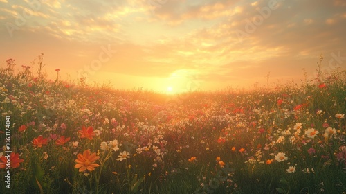 A mystical spring meadow filled with colorful wildflowers swaying gently in the breeze, under a golden sunset sky