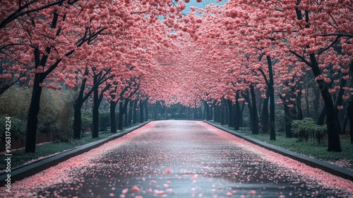 A pathway lined with blooming cherry blossom trees, their petals falling gently onto the ground below photo