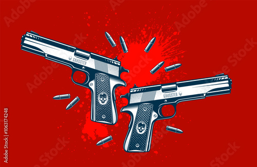 Detailed shotgun and blood splatter vector illustration of a detective criminal story, beautiful gun drawing, movie poster or book cover.