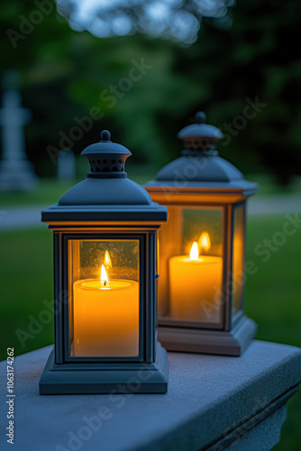 Blurry backdrop of glass lanterns with candles