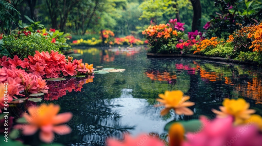 A peaceful garden filled with vibrant flowers blooming around a small pond, reflecting the surrounding colors A peaceful garden filled with vibrant flowers blooming around a small pond, reflecting the surrounding colors