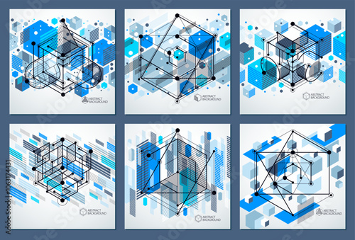 Vector industrial and engineering blue backgrounds set, future technical plan. Modern geometric composition can be used as template and layout.