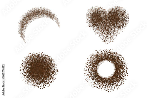 Set Coffee ground speckles powder, cocoa top view. Grainy bean with particles textured stain. Brown chocolate dust. grains and granules shape
