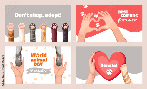 Pet adoption and donation, charity volunteer animal welfare organization cartoon banner design set. Funny poster about love between man and animal, cartoon hands holding cat paws vector illustration