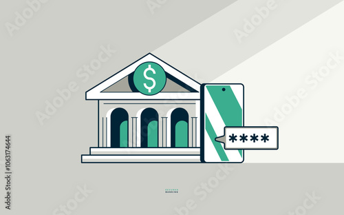 Secured banking concept poster, bank building with phone and code vector icon style illustration, two step verification, send code by sms, safe banking metaphor.