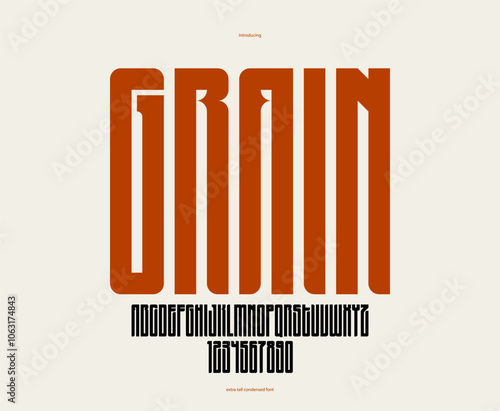 Geometric condensed sans serif typeface, vector tall and massive simple minimal font, poster and advertising letters and numbers alphabet for logos headers or slogans.