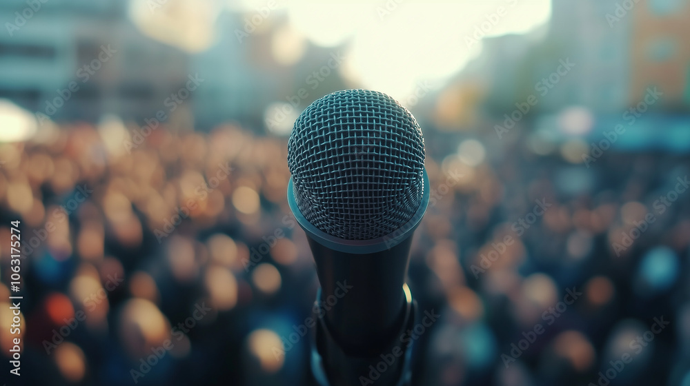 Zbliżenie na mikrofon z wyraźnymi detalami, a w tle zamazany obraz dużej publiczności zgromadzonej na koncercie. Zbliżenie na mikrofon z wyraźnymi detalami, a w tle zamazany obraz dużej publiczności zgromadzonej na koncercie.