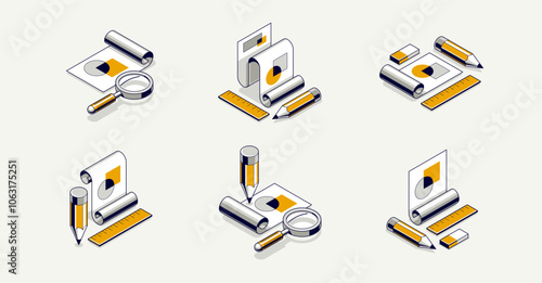 Engineering project concept set, paper document blueprint with pencil engineer work job vector 3D isometric illustration, abstract plan drawing, cad scheme icon.