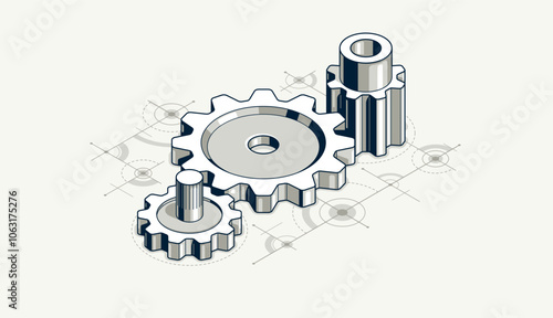 Mechanical engineering concept, gears and cogs with project drawing draft isometric 3D vector illustration, cogwheels system technology and technics machinery engine.